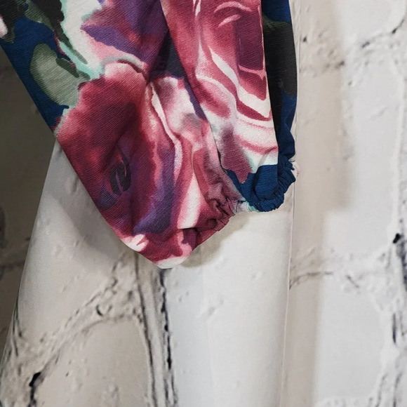 PROFESSIONAL Business Casual Floral Blue Aqua Stretch Long Sleeve Blouse Sz‎ L - Picture 2 of 8